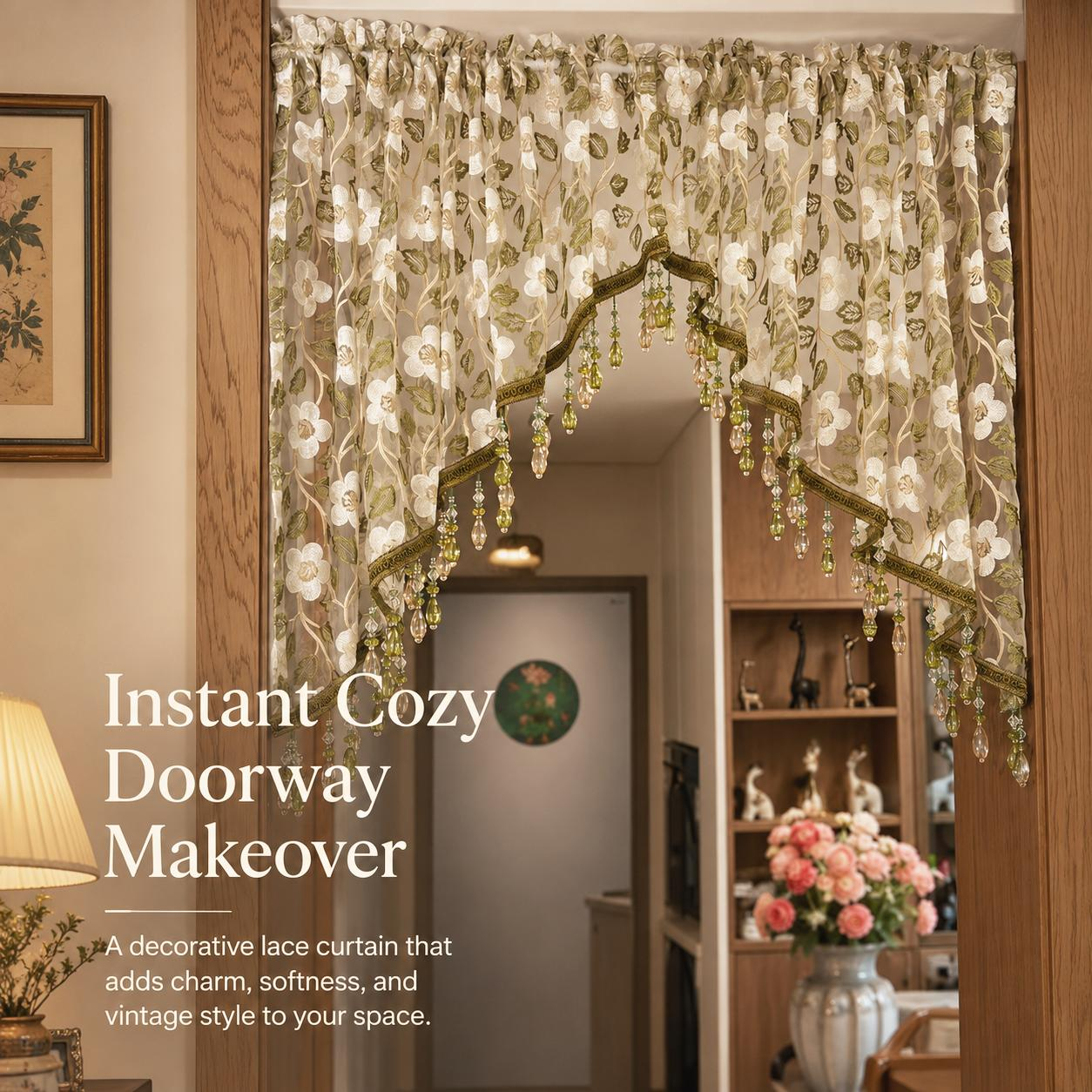 Embroidered Lace Doorway Curtain – Romantic Floral Beaded Sheer Panels
