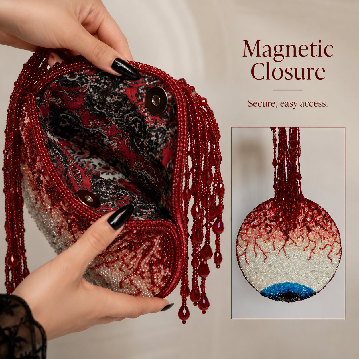 Hand-beaded round handbag featuring a bloodshot eyeball design.