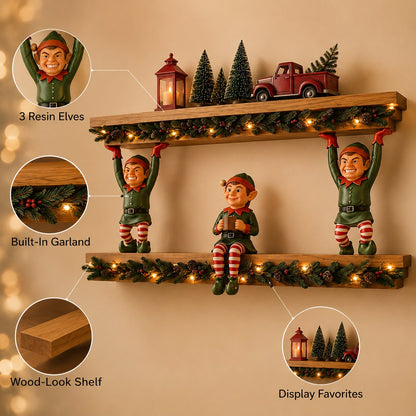 Free Shipping 🎄 Christmas Elf Shelf Décor – Whimsical 3-Elf Holiday Wall Display with Festive Garland, Pinecones & Berries