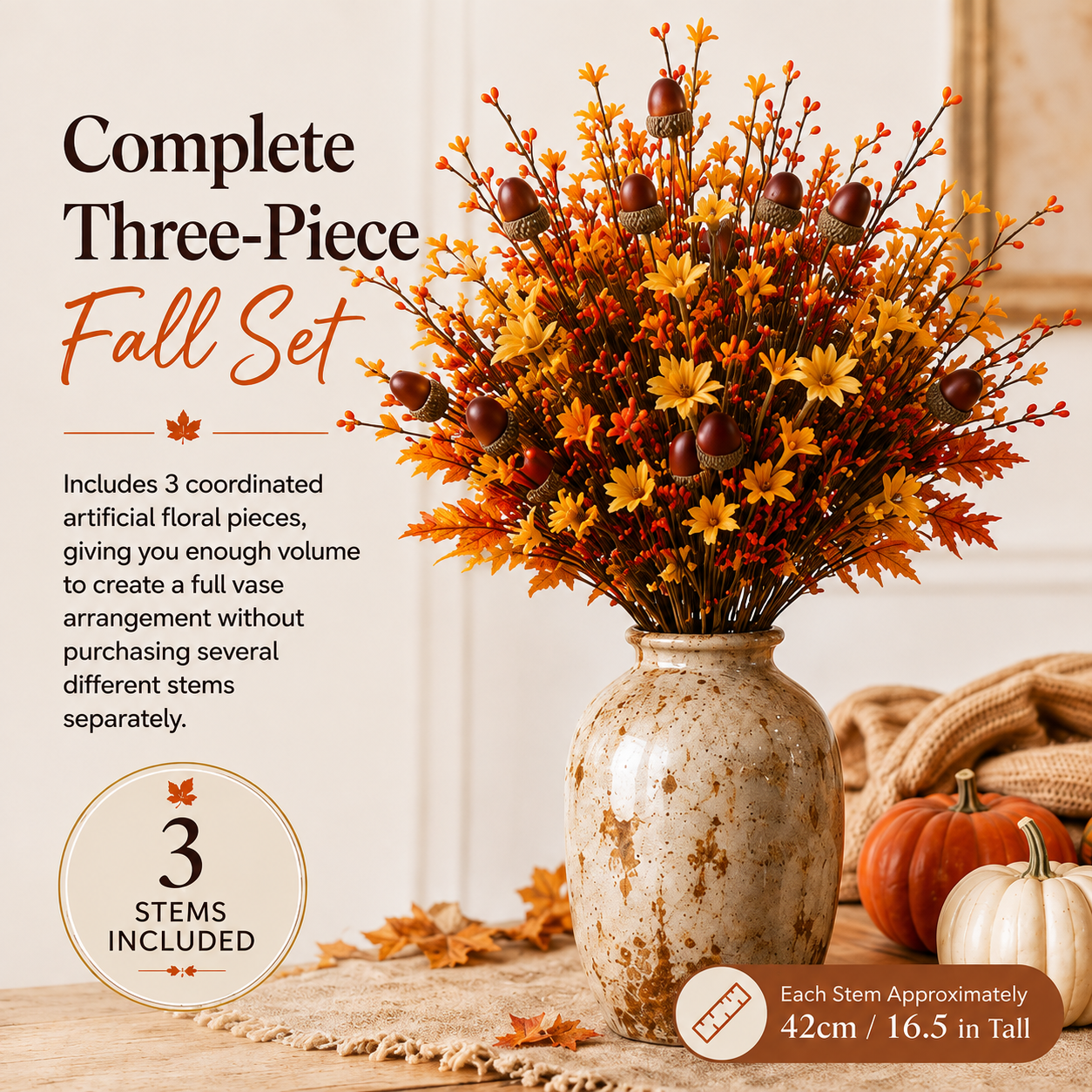 3-Piece Artificial Fall Acorn Floral Stem Set – 16.5-Inch Rustic Autumn Picks