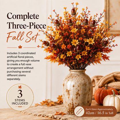 3-Piece Artificial Fall Acorn Floral Stem Set – 16.5-Inch Rustic Autumn Picks