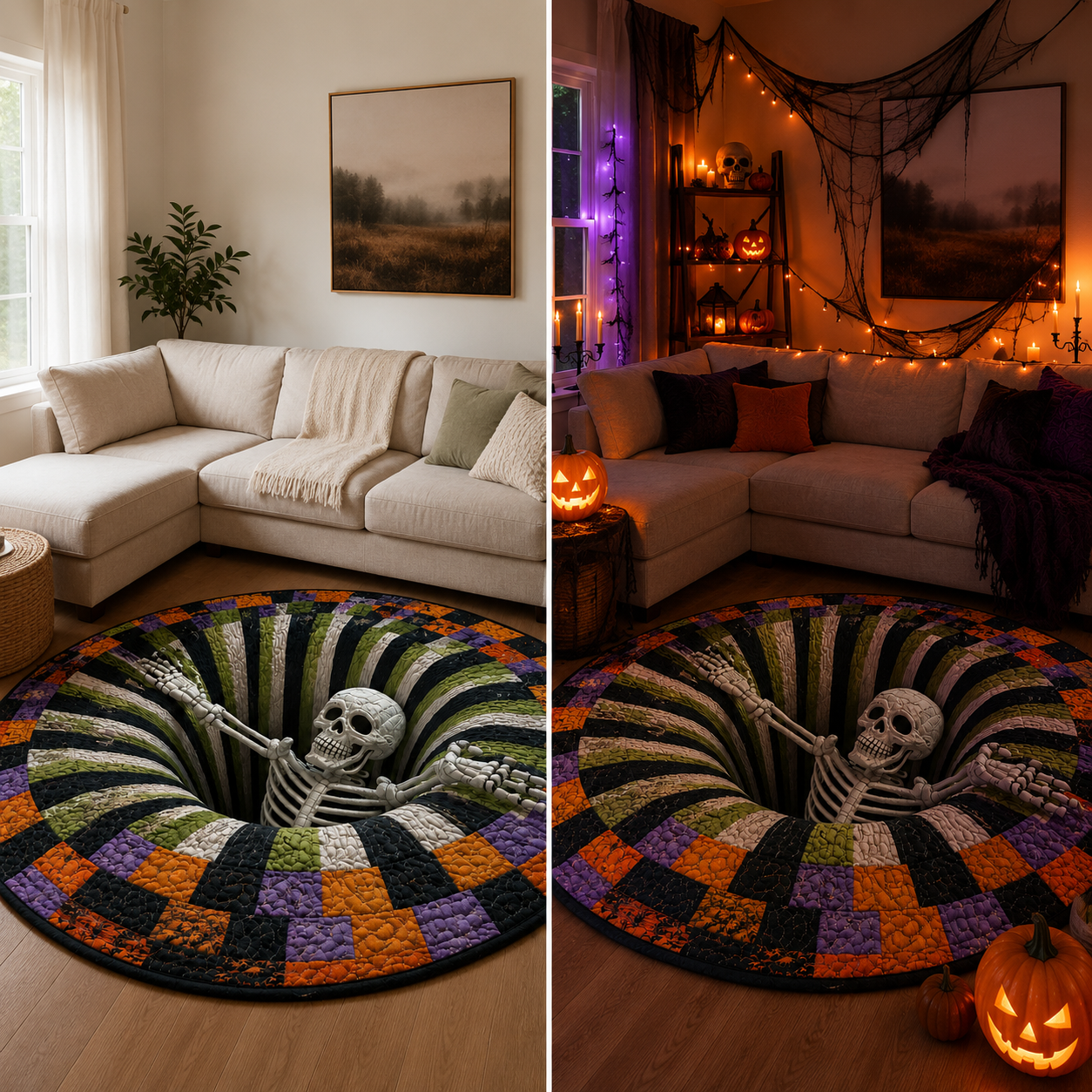 🎄👻 ✨ 60,000+ Sold — 3D Skeleton Vortex Quilted Round Halloween Rug