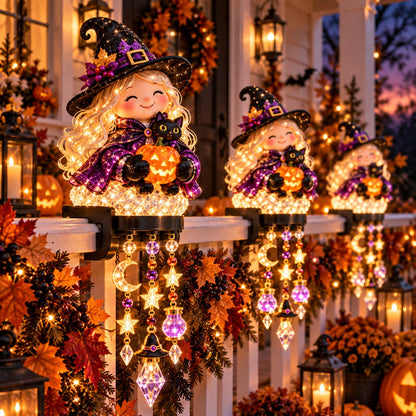 🎃 Halloween-Kaskadenlichter für Veranda & Geländer – Kürbis, Hexe, Geist & schwarze Katze