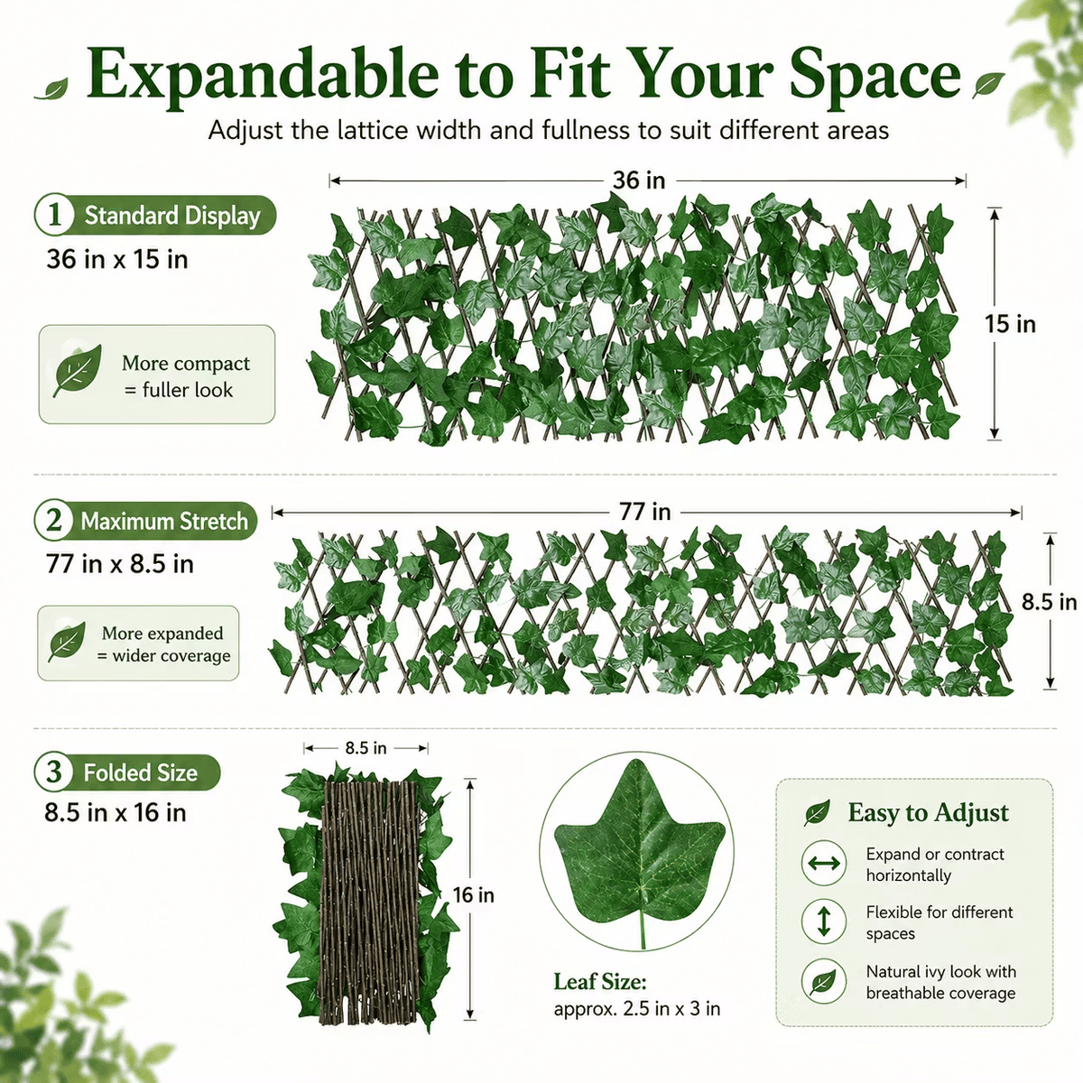 🔥HOT SALE🔥Extendable Simulation Rattan Fence with White Flowers Decorating Green Leaves, Stretchable Folding Design, Privacy Shielding Courtyard Balcony Walls, Artificial Green Plants