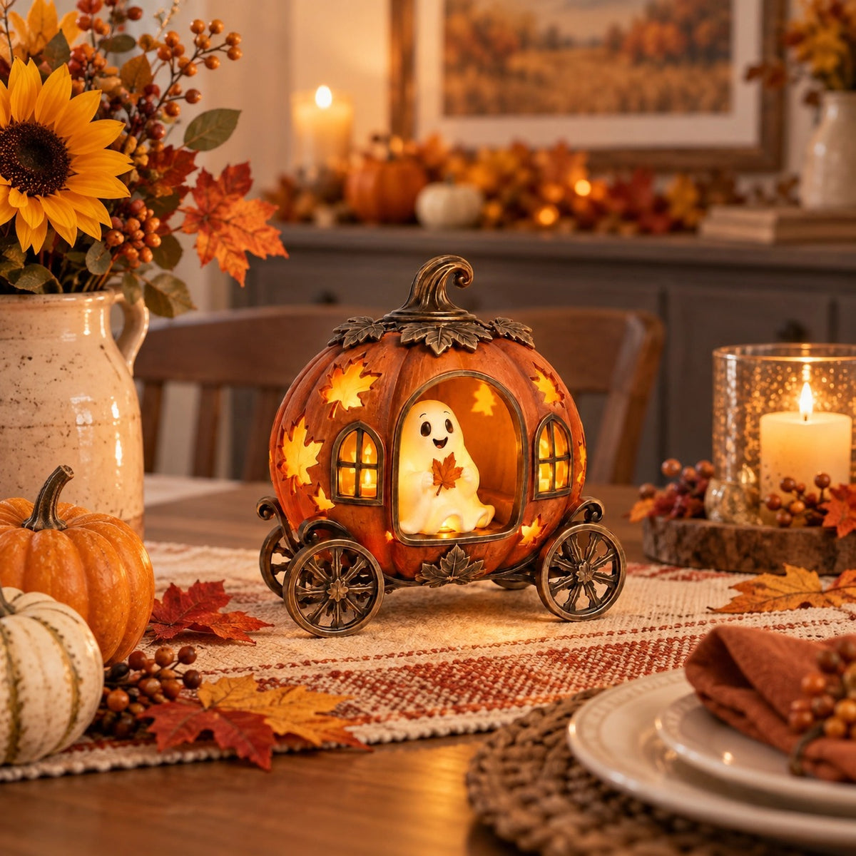 Lighted Ghost Pumpkin Carriage Figurine🎃