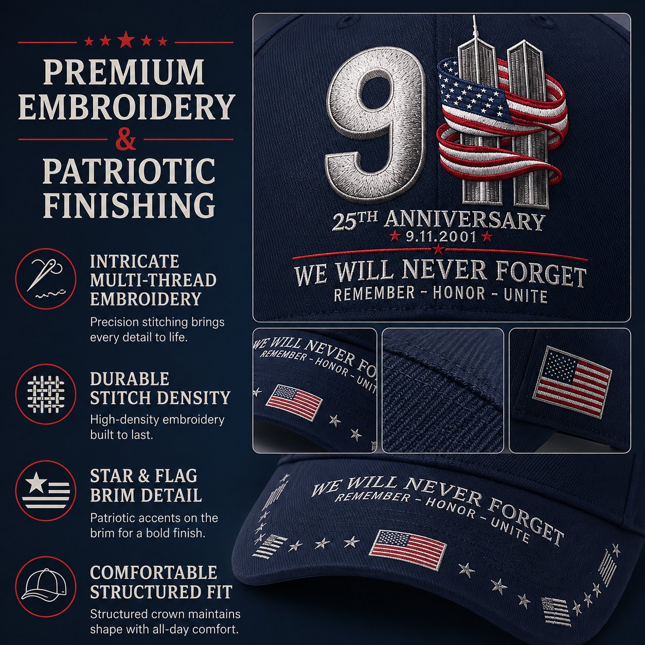 🇺🇸 9/11 25th Anniversary “We Will Never Forget” Memorial Embroidered Cap
