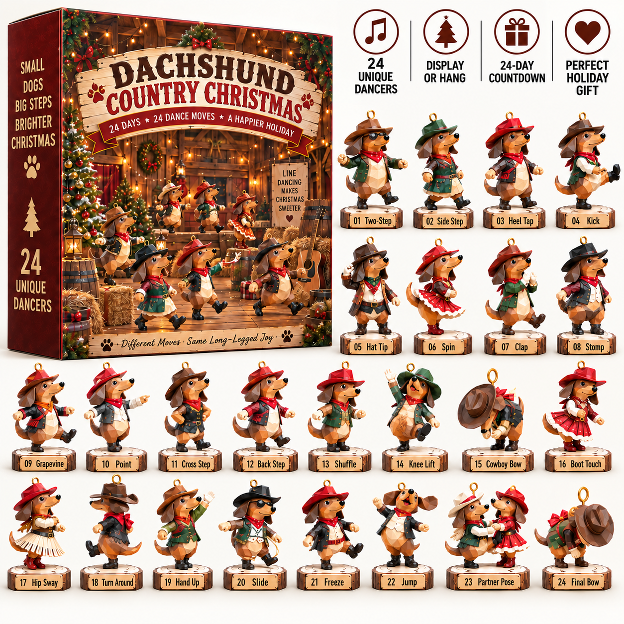 Dachshund Country Christmas collection with cowboy hats and Western outfits