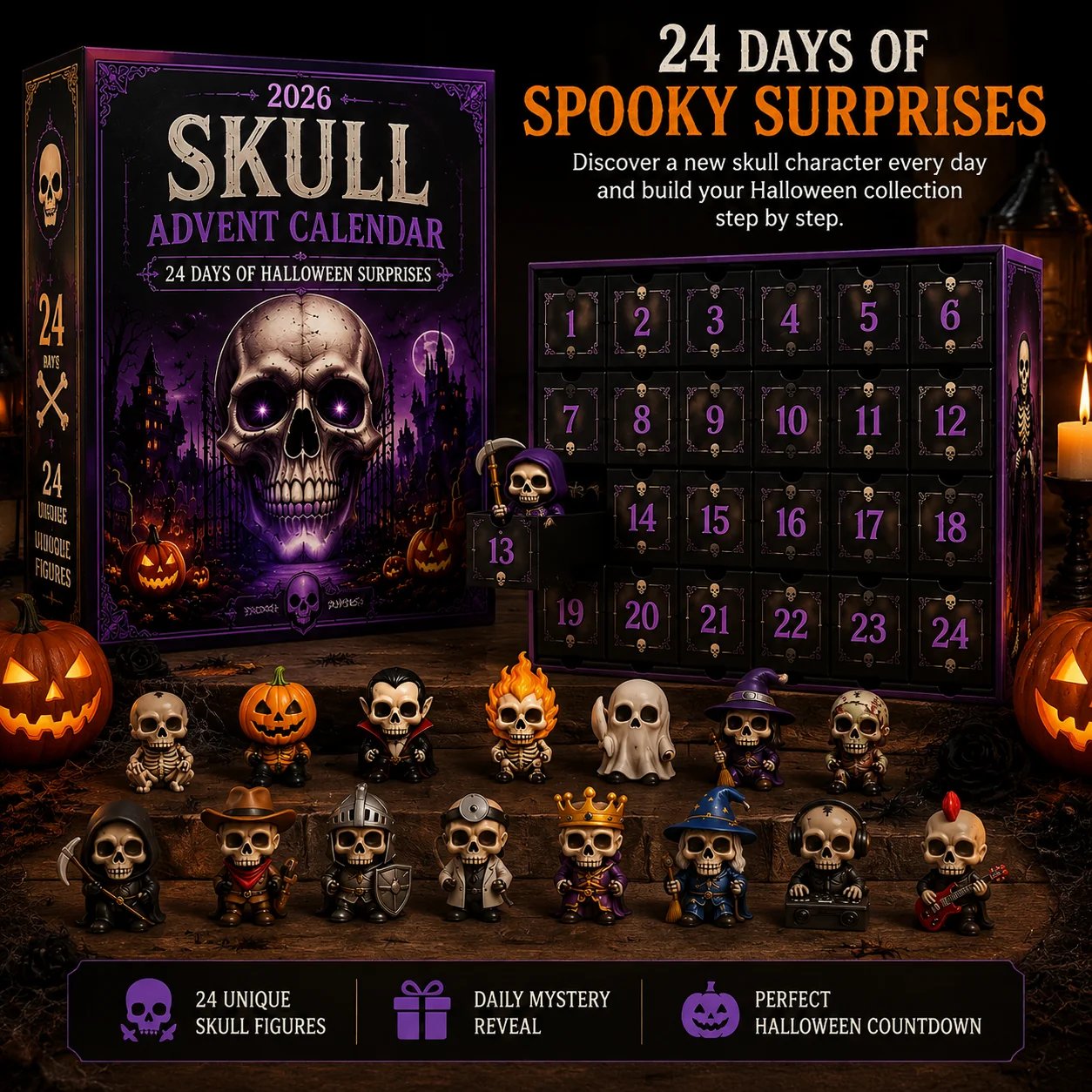 2026 Skull Halloween Advent Calendar | 24 Unique Collectible Skull Characters with Vampire, Pirate, Wizard & Monster Designs 🎃