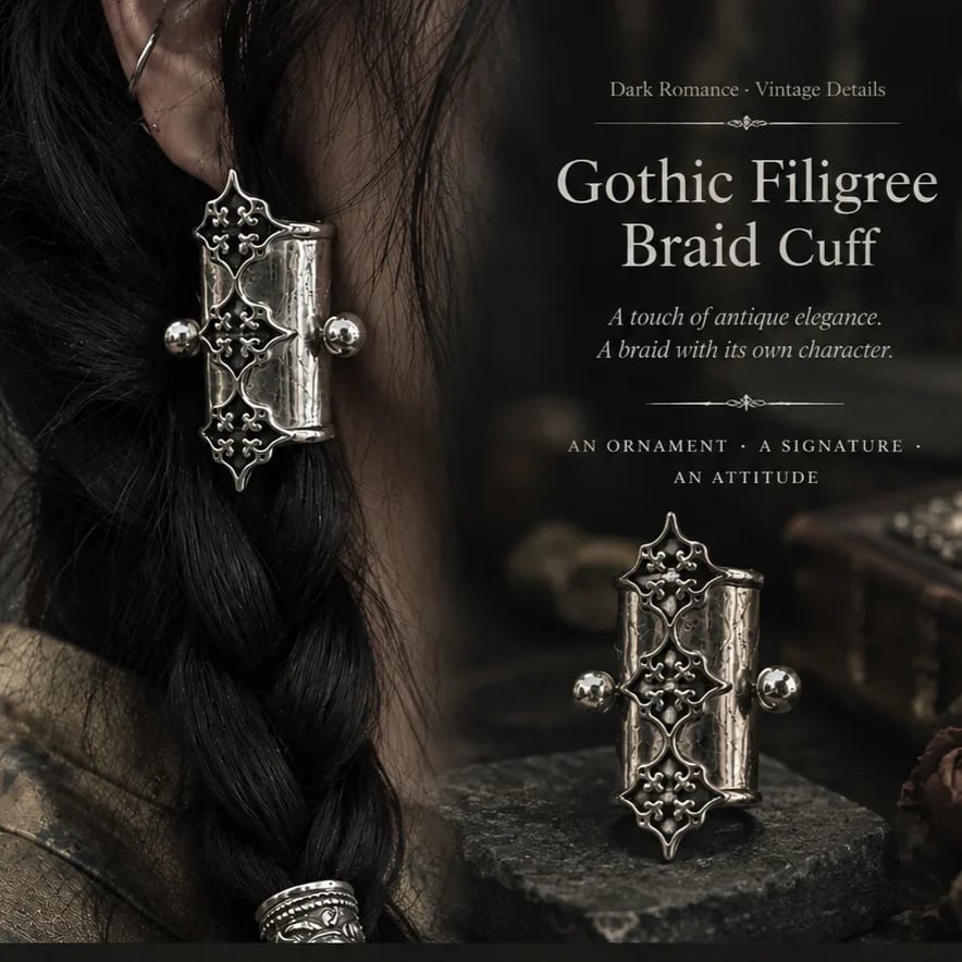 🖤2Pcs Gothic Filigree Hair Cuff for Braids, Vintage Antique Silver Medieval Hair Ring, Dark Romantic Hair Jewelry Accent