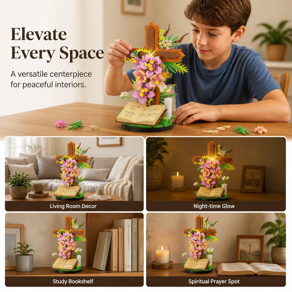 🌺💡 Illuminated Floral Cross Building Set – Peaceful DIY Book Display Decor