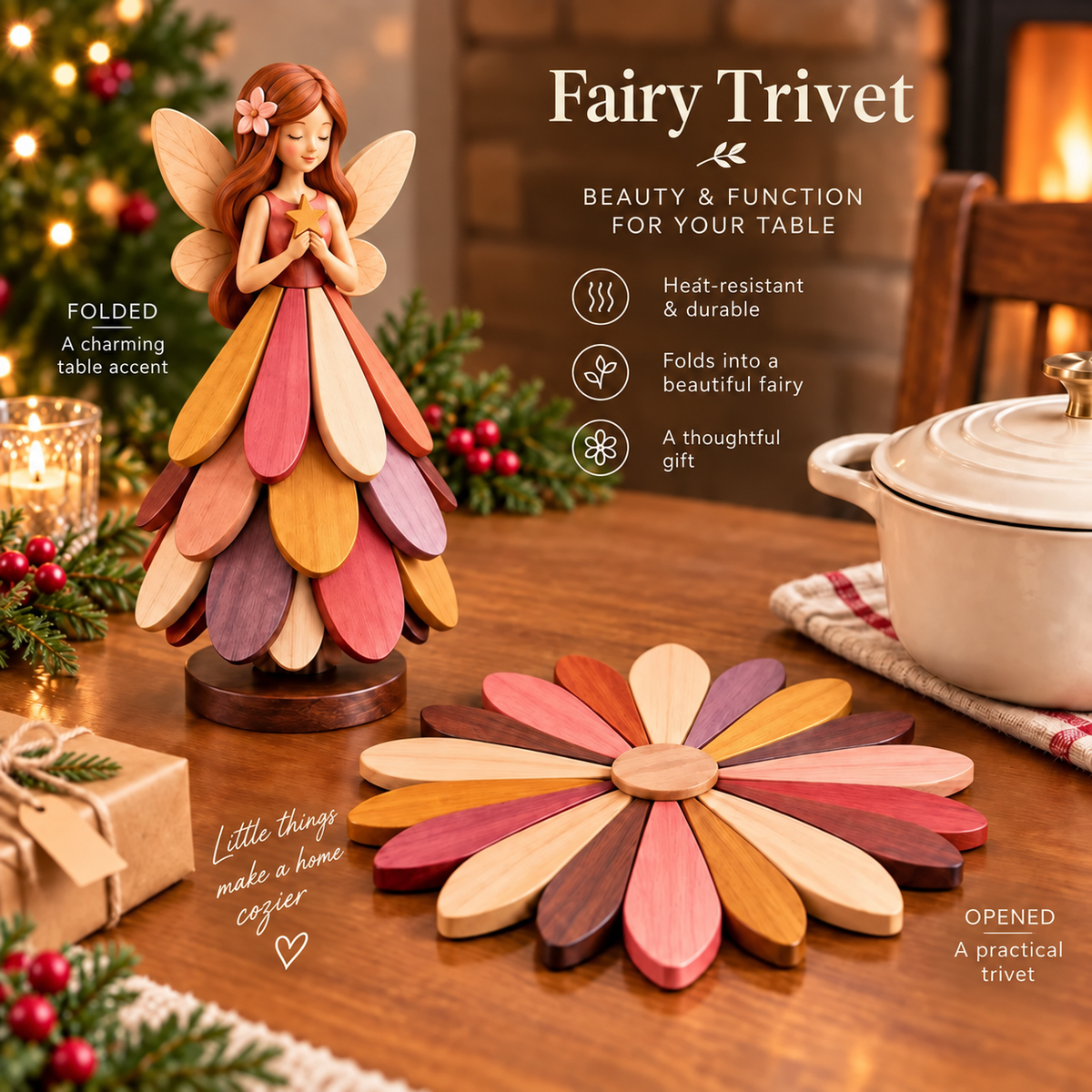 🧚 Fairy Bloom Trivet – Foldable Fairy Decor & Heat-Resistant Table Protector