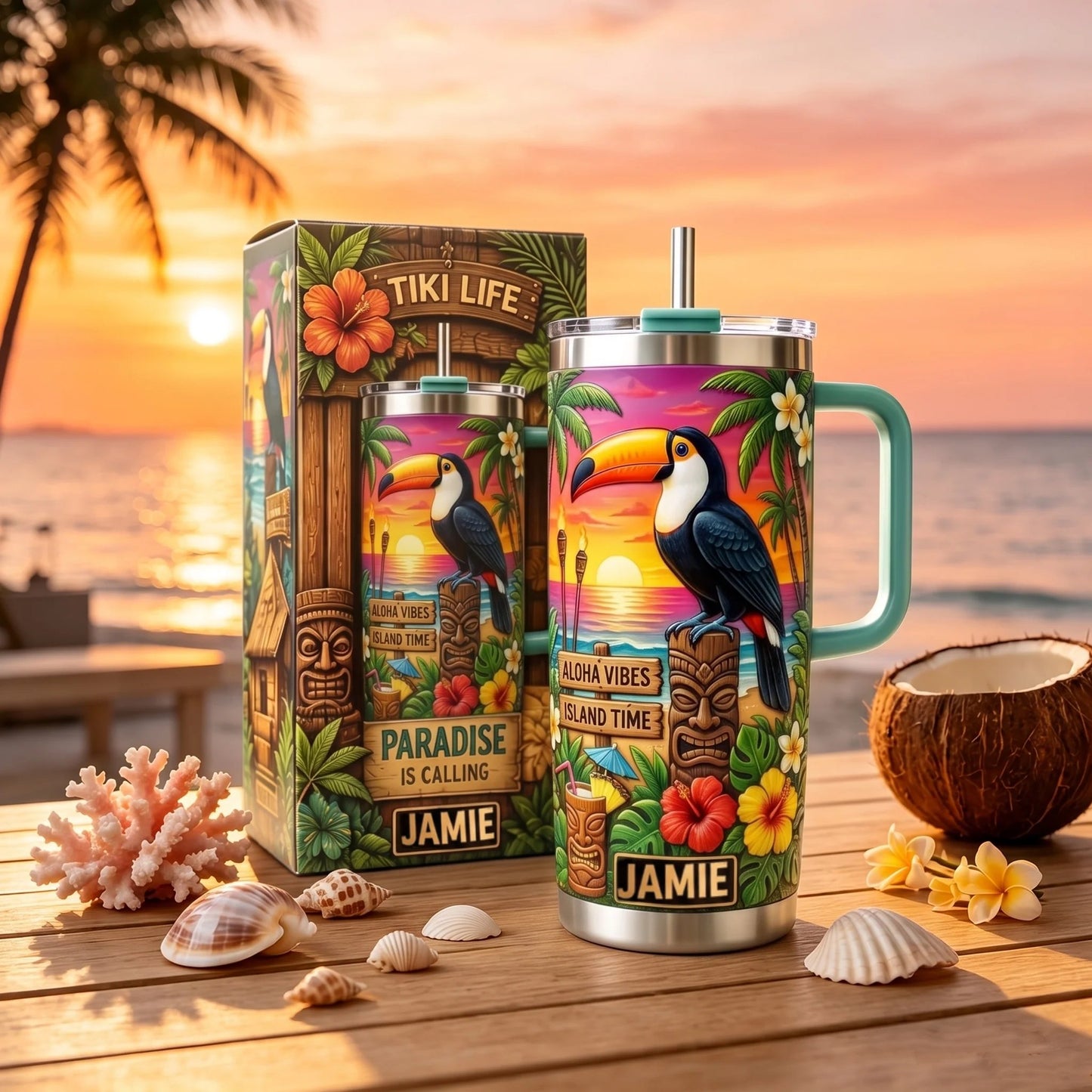🌺🦜 Personalized Tiki Life Toucan Tumbler