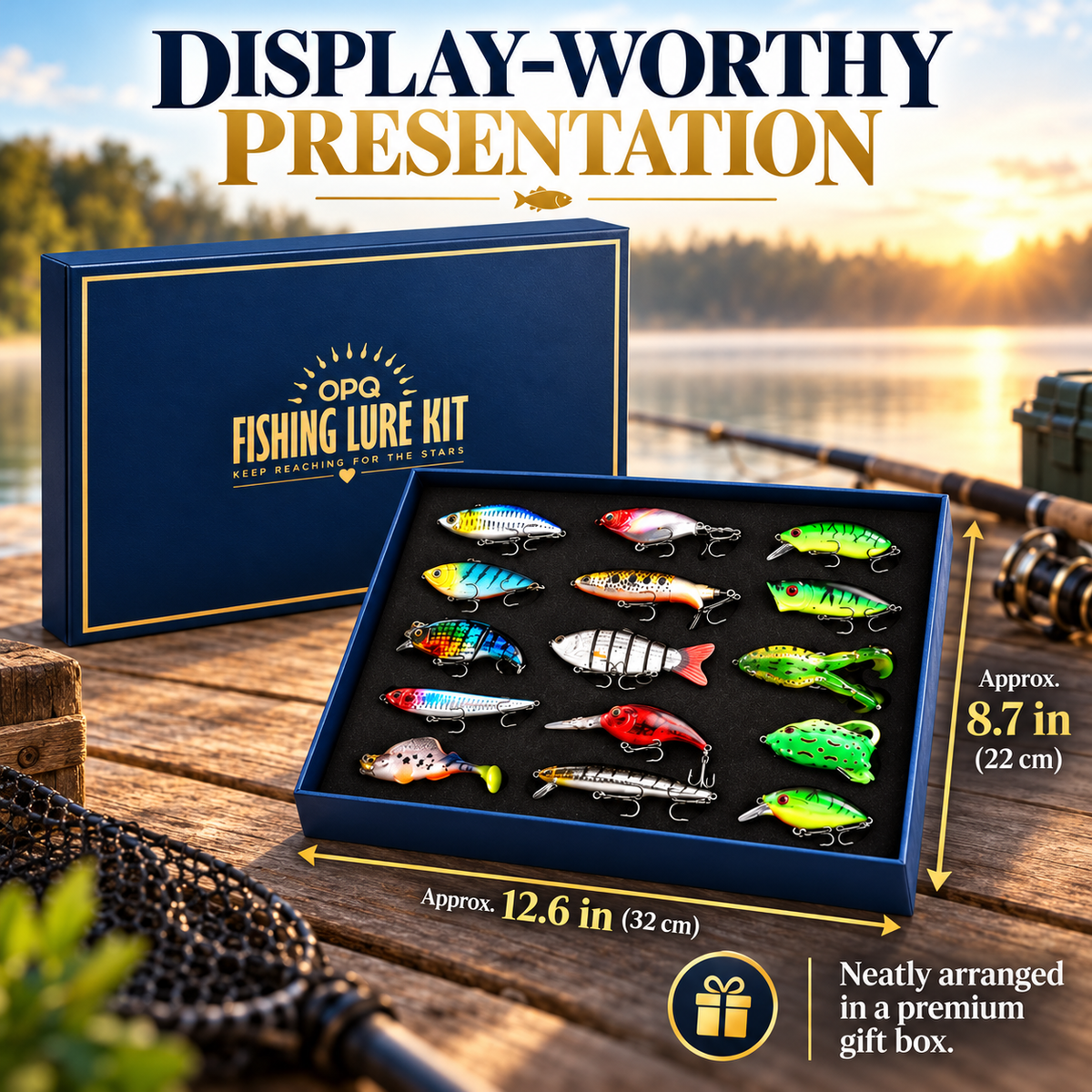 Father and child looking at the fishing lure gift box together