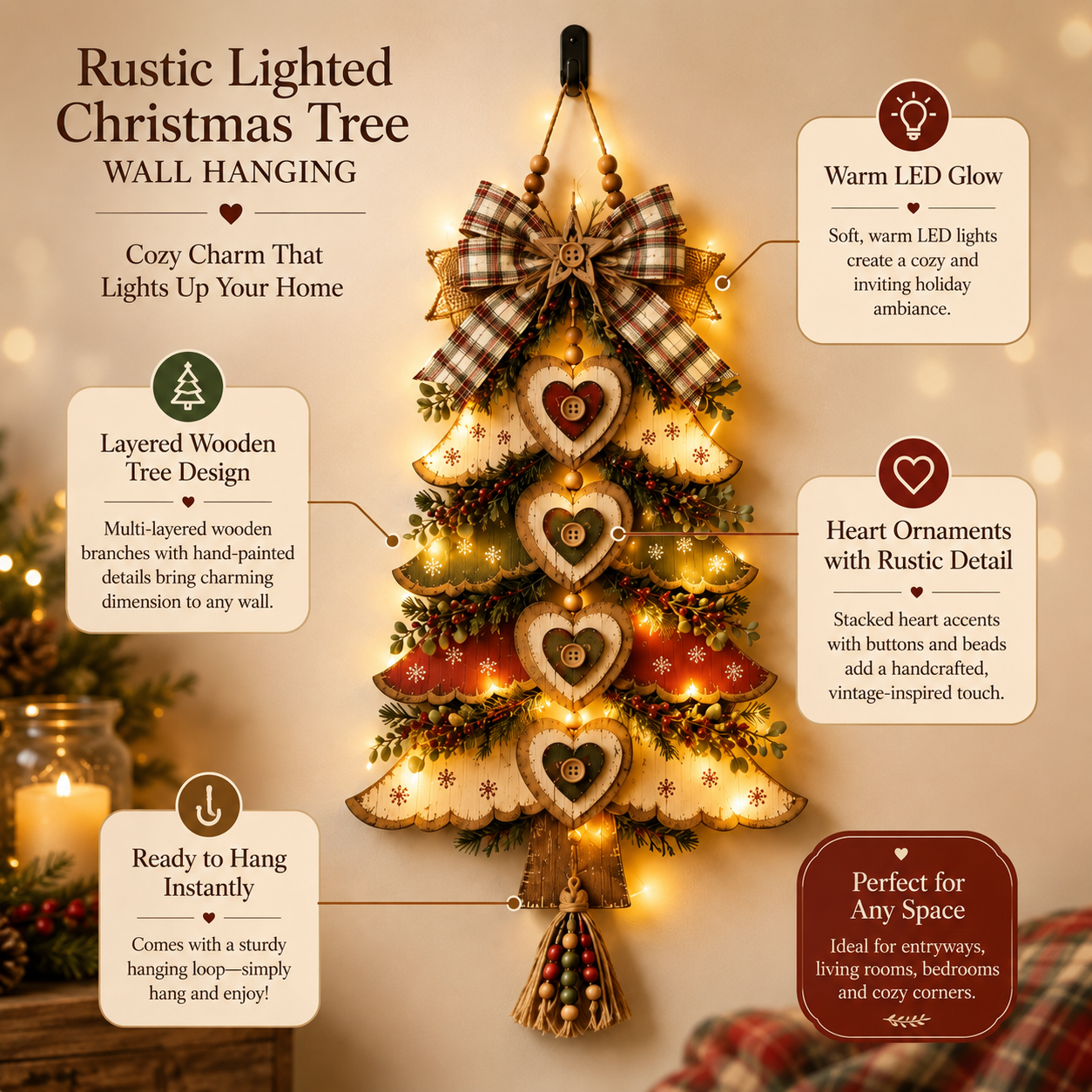 🎄Rustic Wooden Christmas Tree Wall Hanging Ornament 🎀 | Light‑Up & Non‑Light Versions Farmhouse Xmas Door Hanger with Plaid Bow & Heart Decor