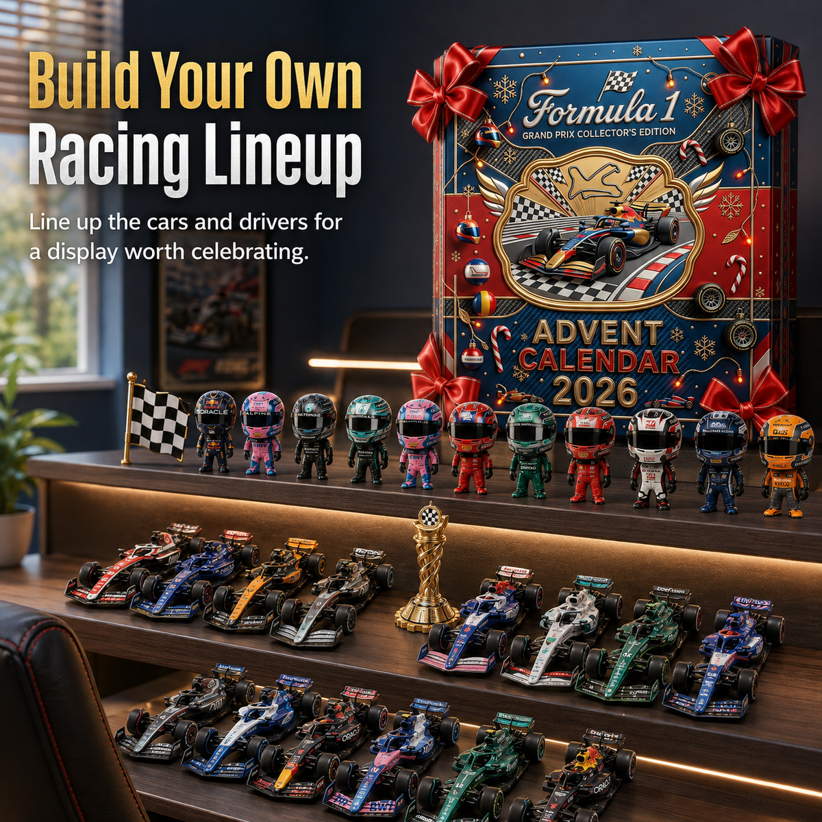 Racing advent calendar presented with Christmas gifts and miniatures