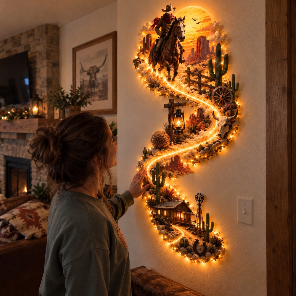 Customer touching Western illuminated wall decoration