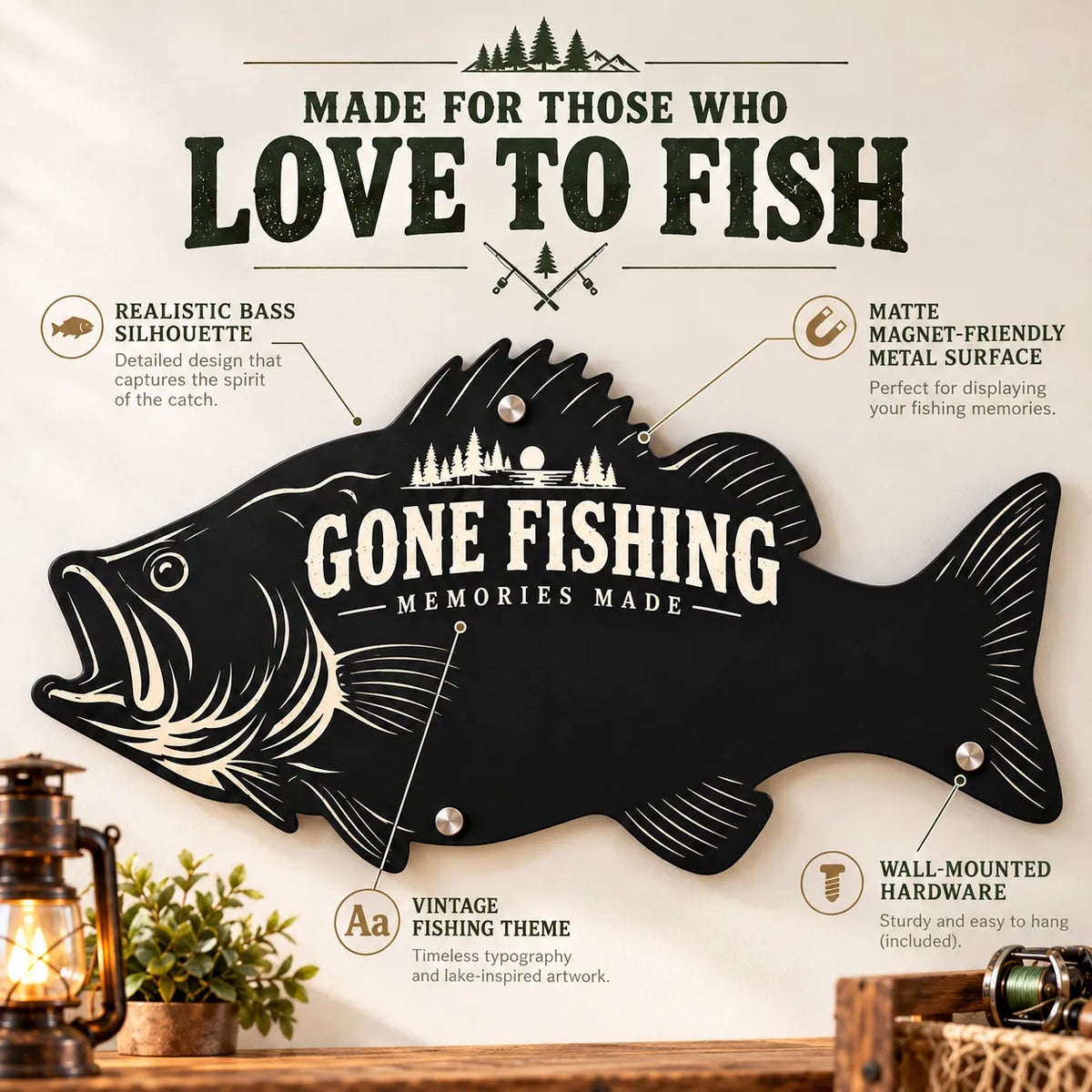 Bass-Shaped Magnetic Fishing Display Board