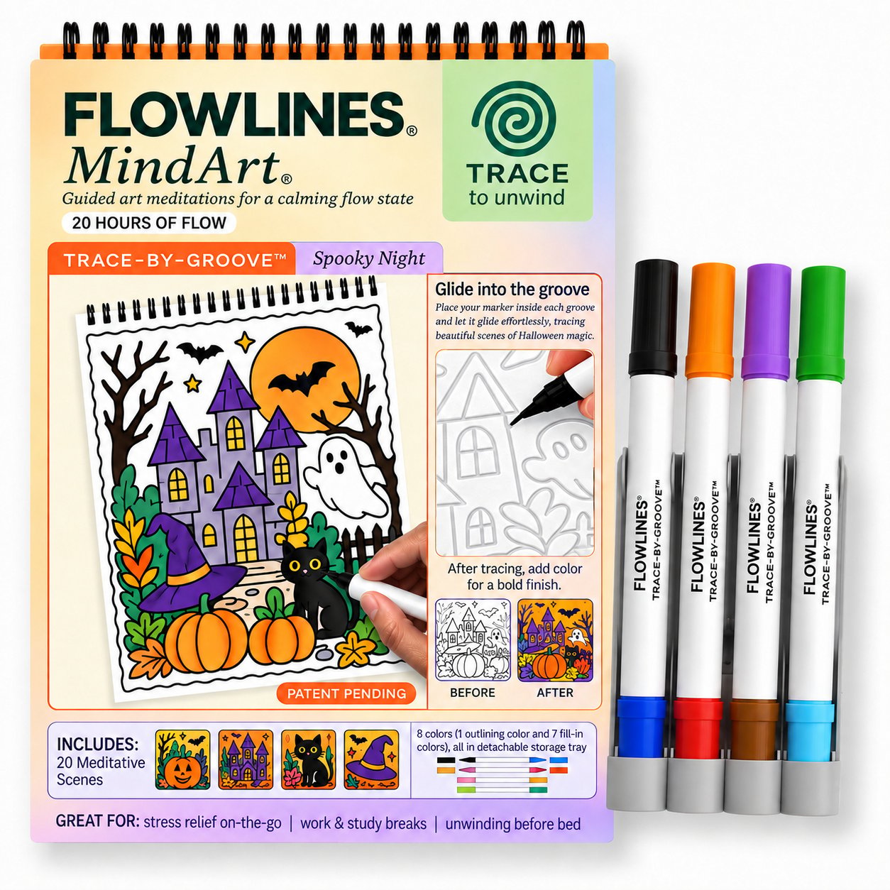 🌿 Trace-By-Groove Guided Flow Art Coloring Pad with Double-Sided Markers 🎨