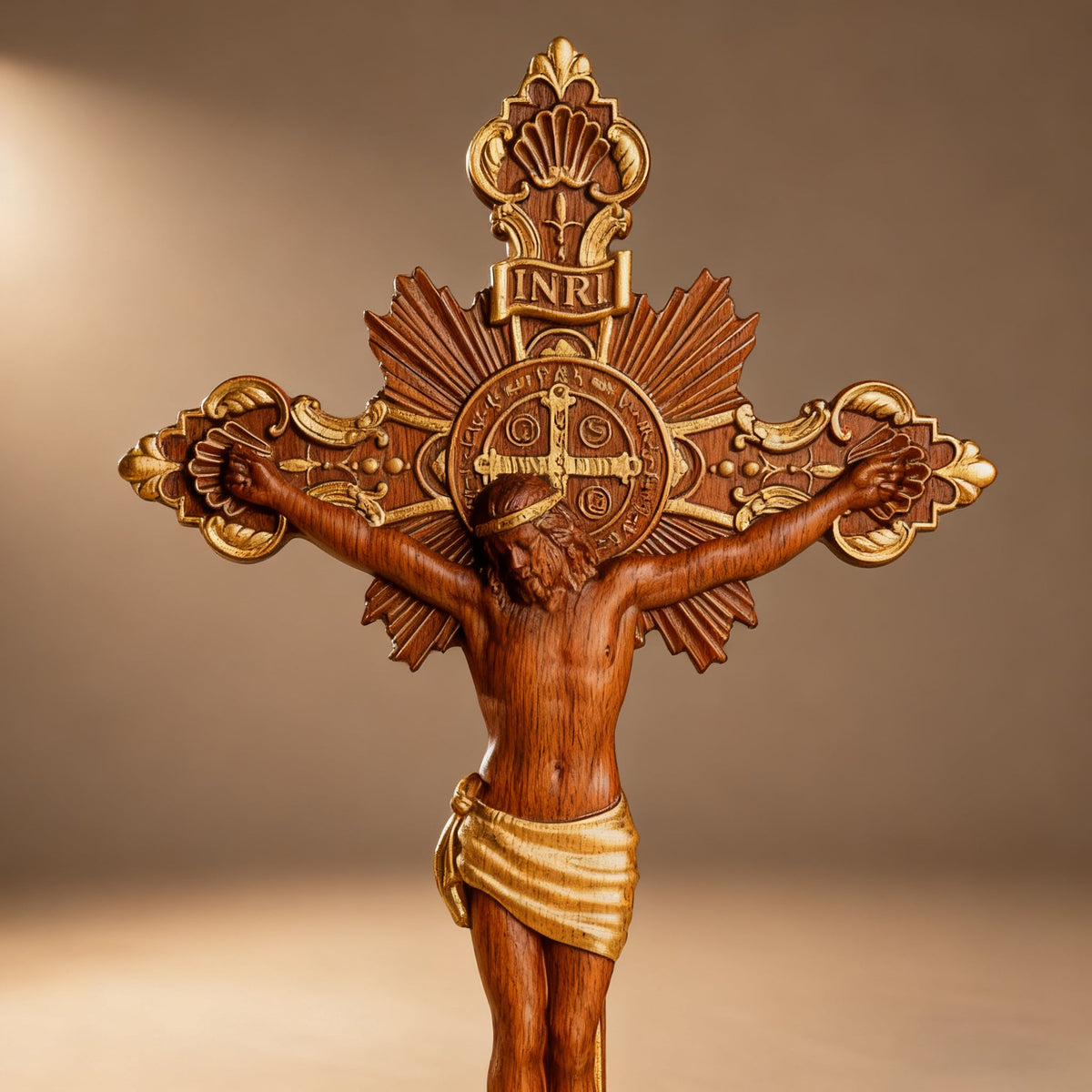 St. Benedict Exorcism Cross wood carved - Bless you and your family - faith-inspired design detail