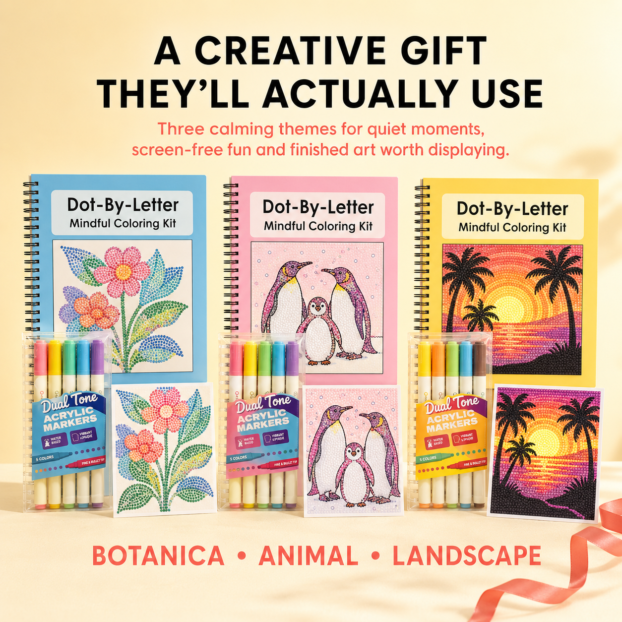 Three Mindful Dot-by-Letter Coloring Kits ready to give as a creative gift