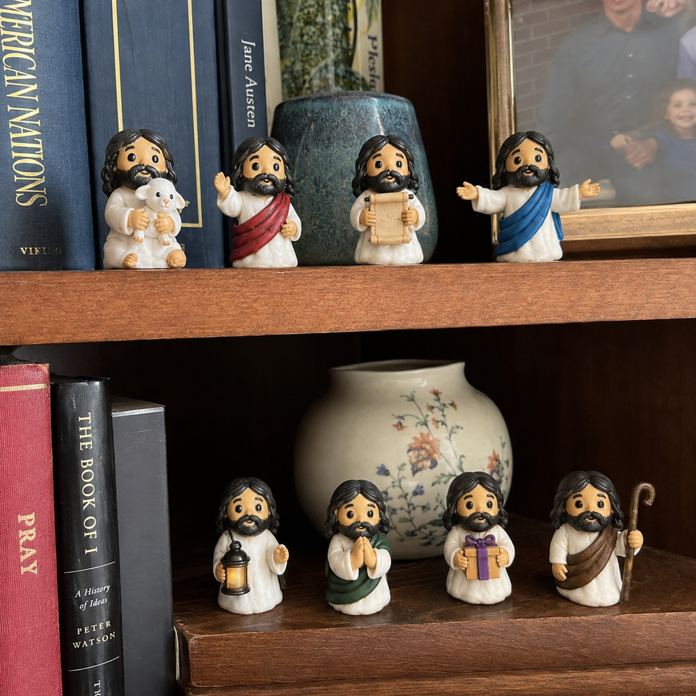 Mini figures displayed on a bookshelf