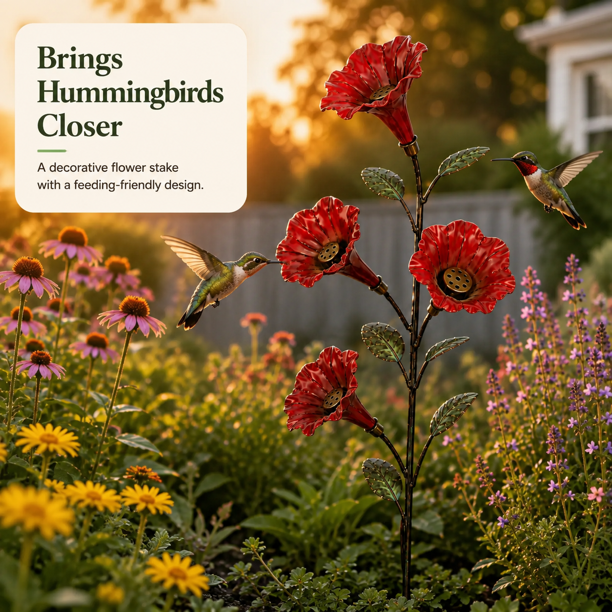 Hummingbirds approaching the decorative red flower feeder