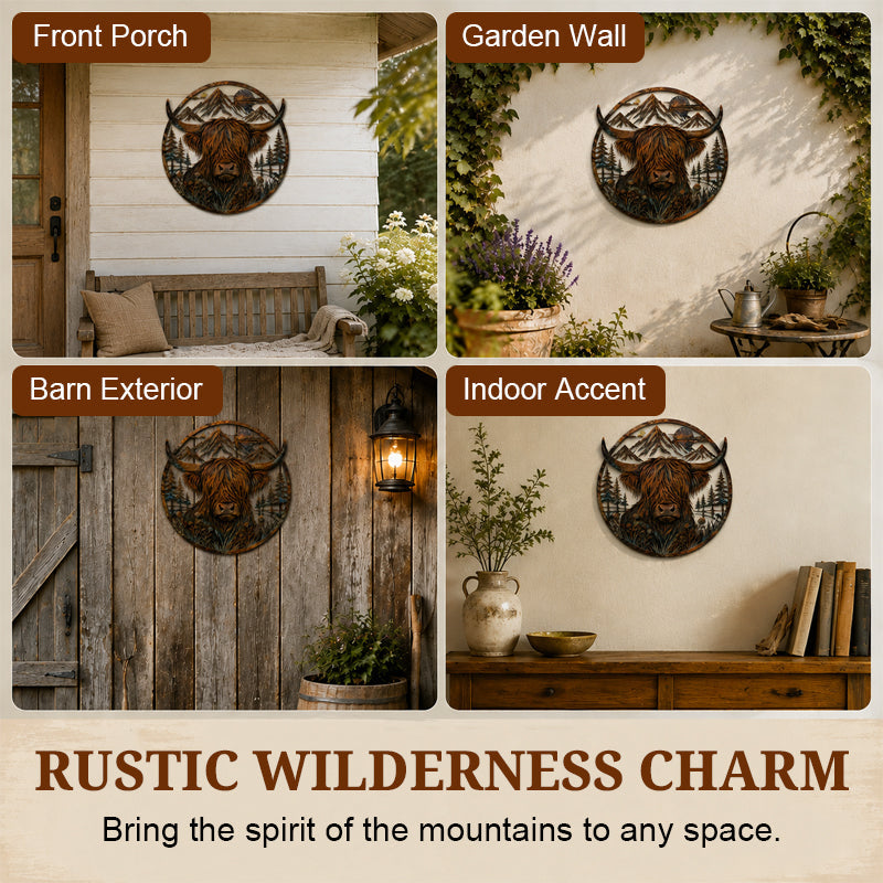 🏔️🐮 Highland Cattle Mountain Silhouette – Rustic Metal Farmhouse Wall Art