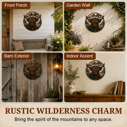 🏔️🐮 Highland Cattle Mountain Silhouette – Rustic Metal Farmhouse Wall Art