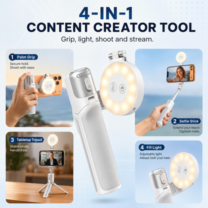 4-in-1 Magnetic Palm Grip Selfie Stick with LED Fill Light