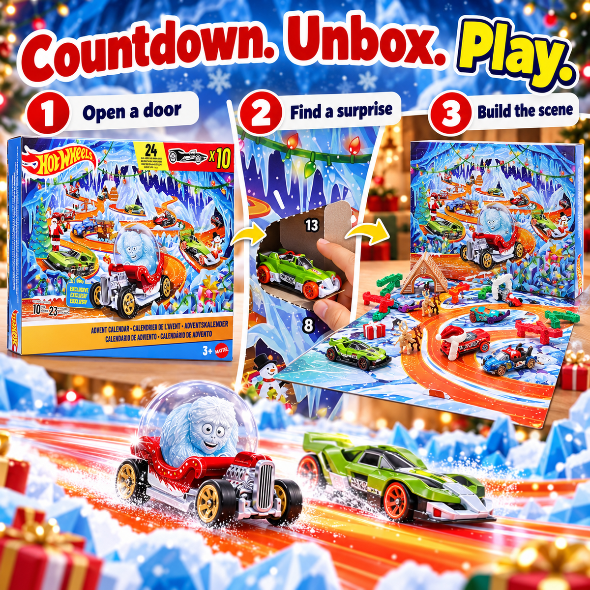 Three-step process showing opening a calendar door and playing with the racing scene