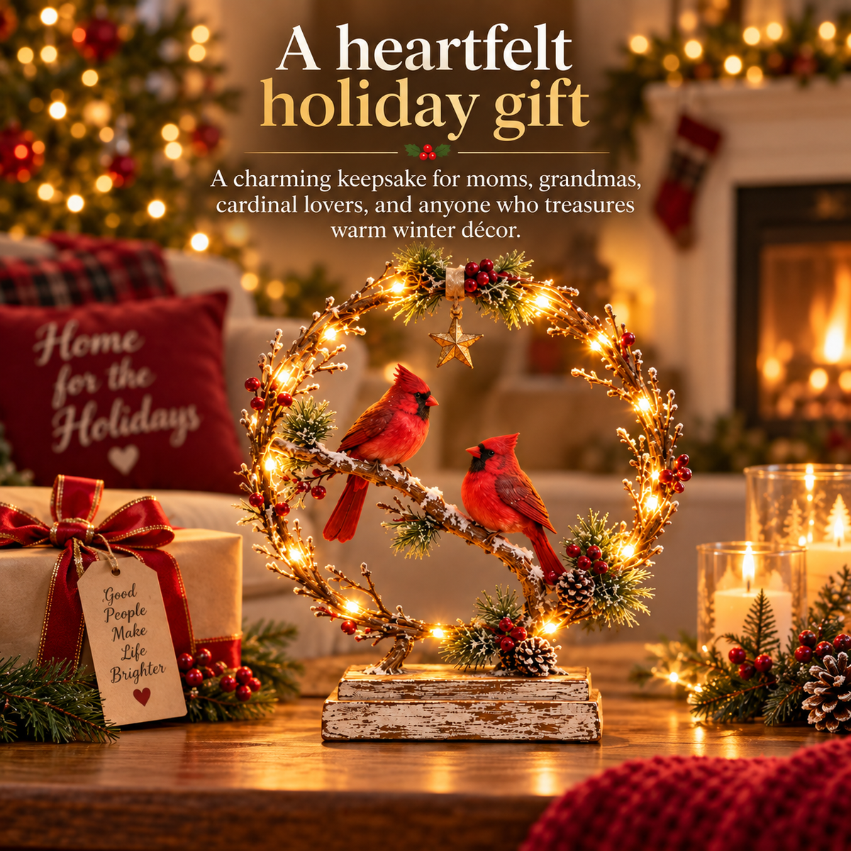 Glowing Cardinal Winter Wreath Tabletop Decor