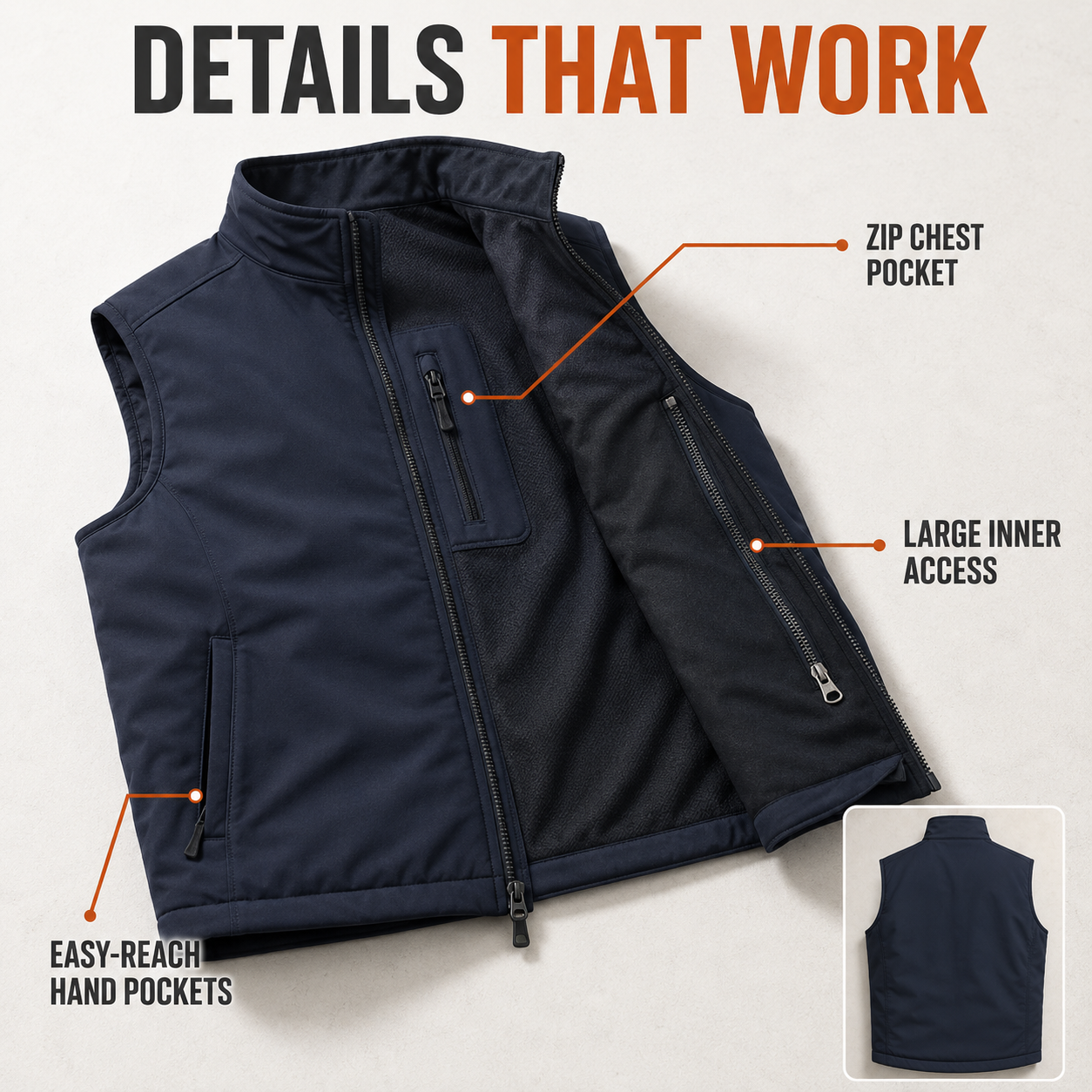 Chest pocket, hand pockets and inner access details