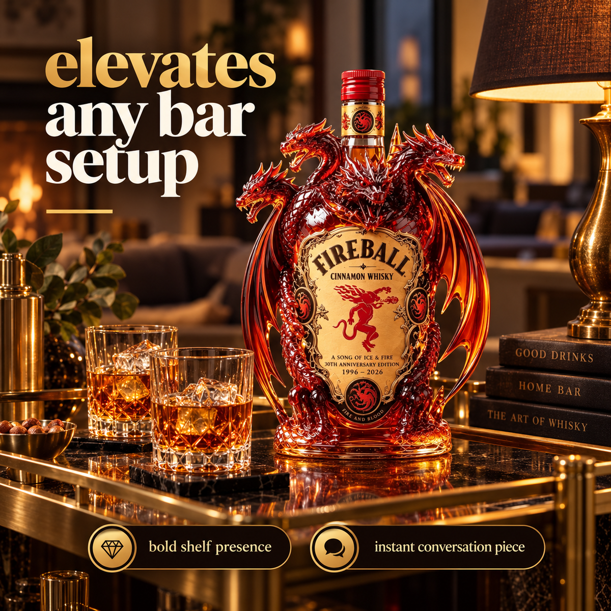 Dragon bottle displayed in home bar setting