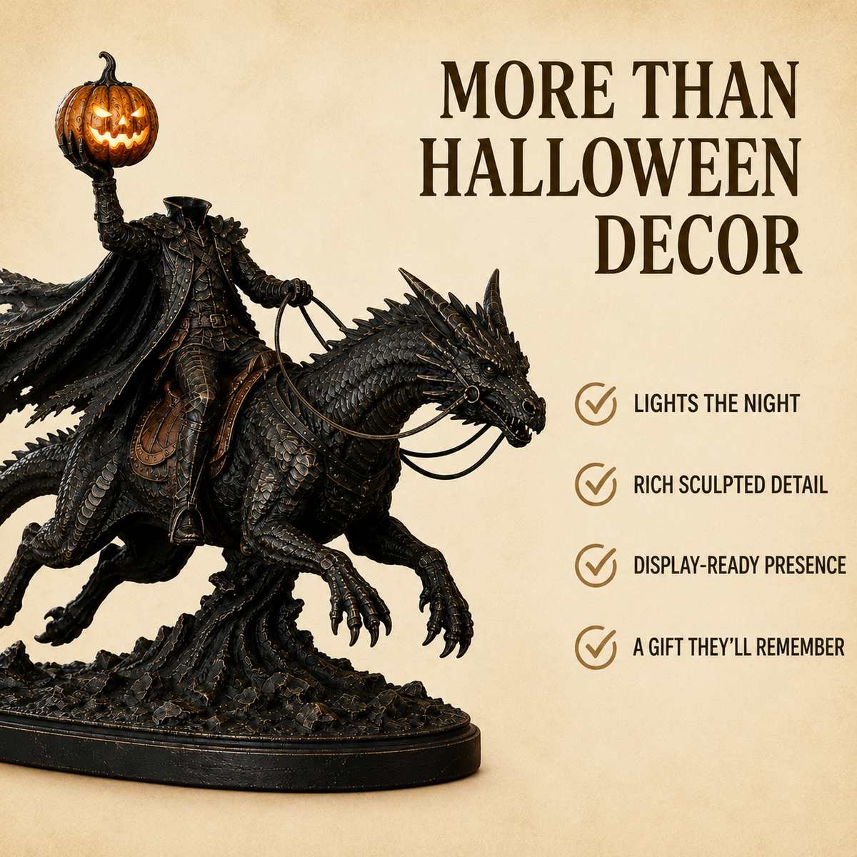 Key benefits of Light-Up Headless Horseman Dragon Statue with Timer – Gothic Halloween Decor