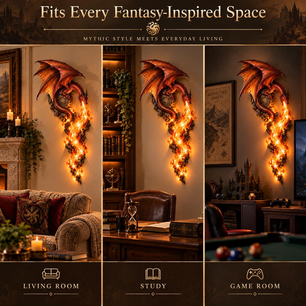 Dragon Flame Wall Sconce – Glowing Fantasy Dragon Wall Decor