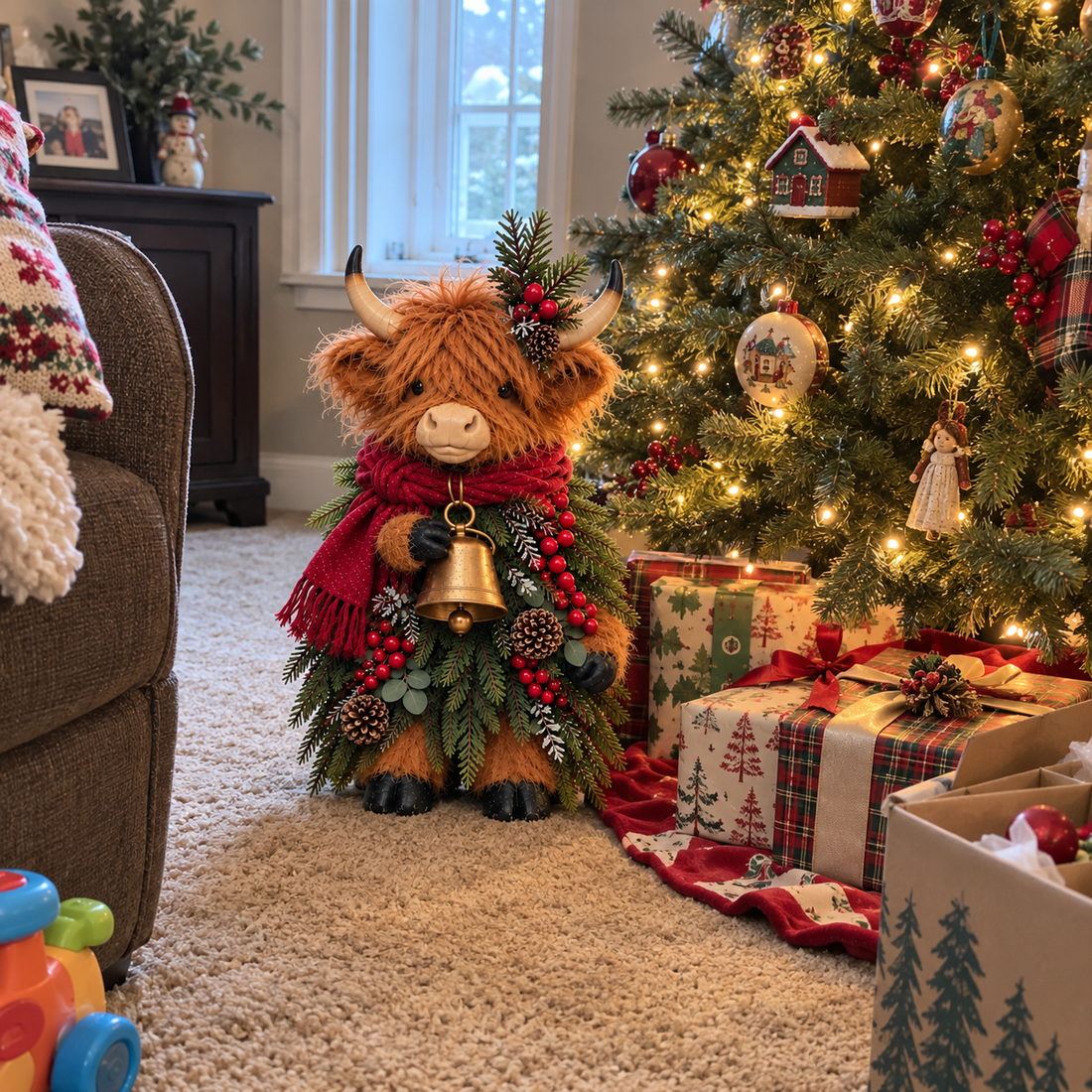 Christmas Highland cow beside a lit Christmas tree and presents