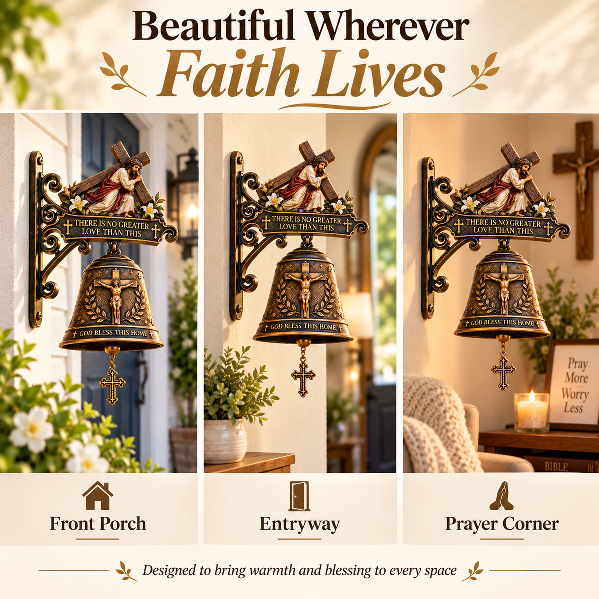 Christian Home Blessing Bell – Jesus Cross Wall Decor for Entryway & Porch
