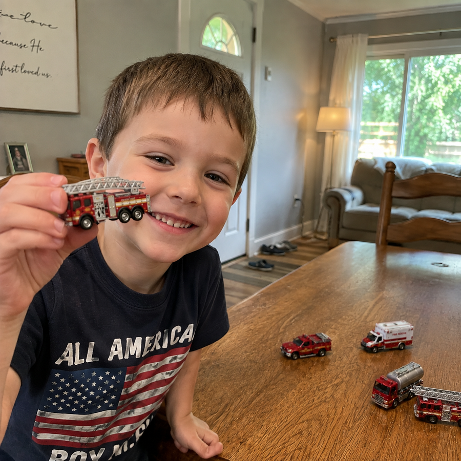 Happy child holding a miniature ladder fire truck