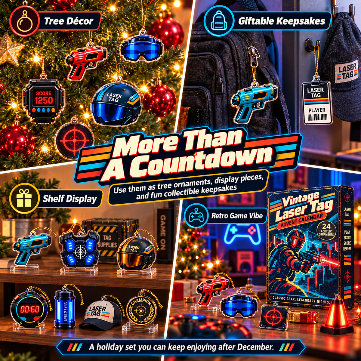 Multiple ways to display Laser Tag Advent Calendar ornaments