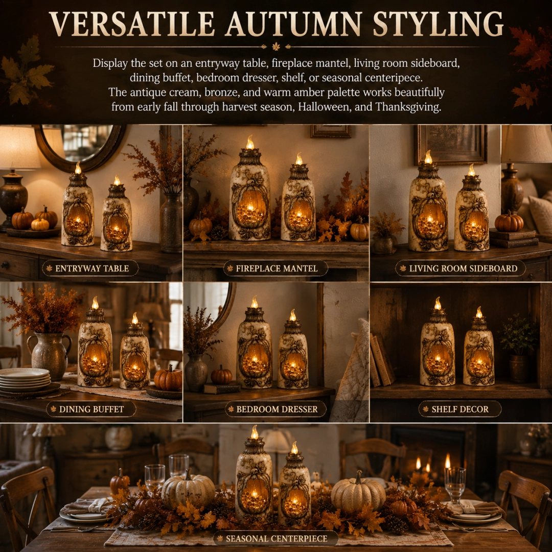 Vintage pumpkin lantern styled across different autumn spaces