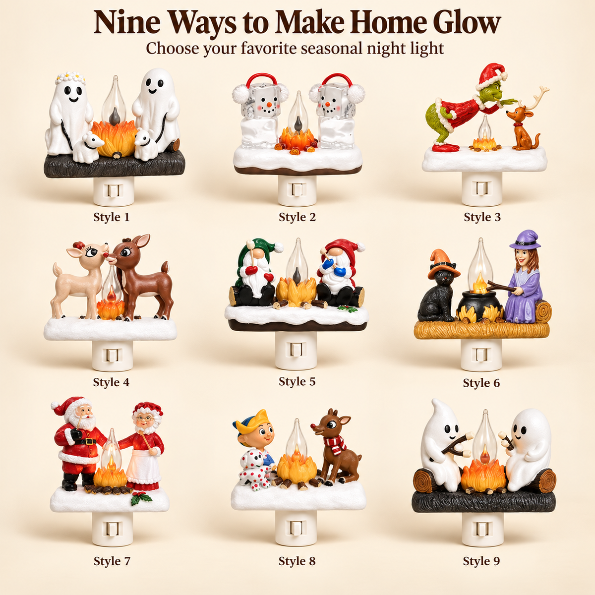 Nine seasonal plug-in night light styles