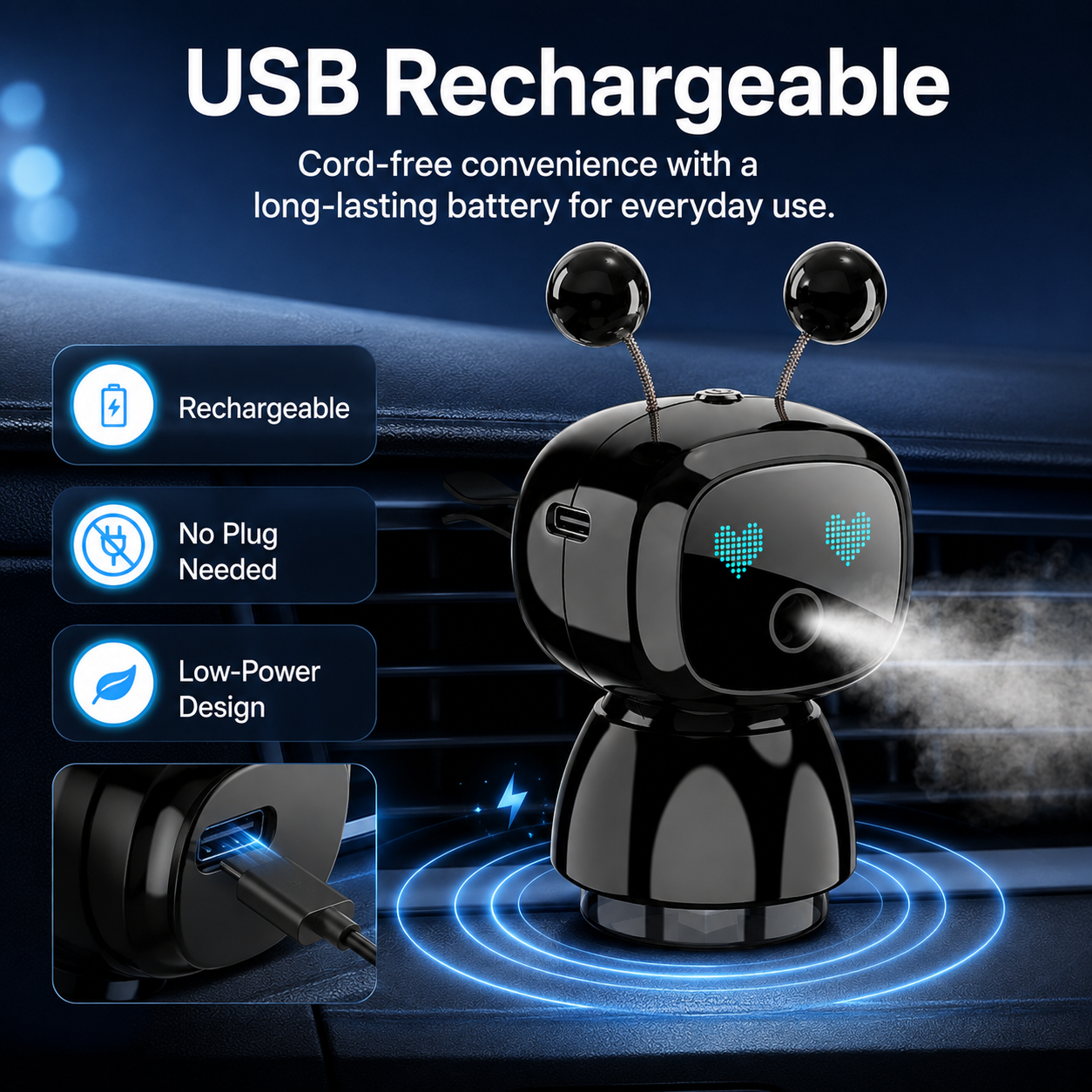 Cute Robot Car Diffuser – Auto-Sensing Mist & LED Vent Freshener