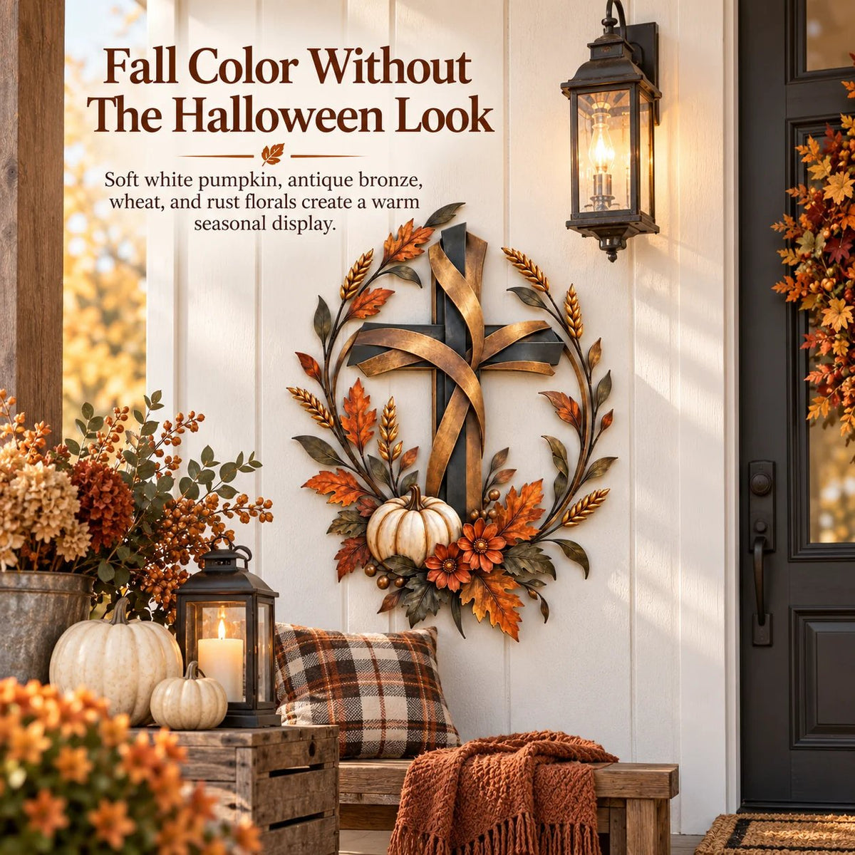 🍂 Autumn Harvest Cross Metal Wall Decor With White Pumpkin