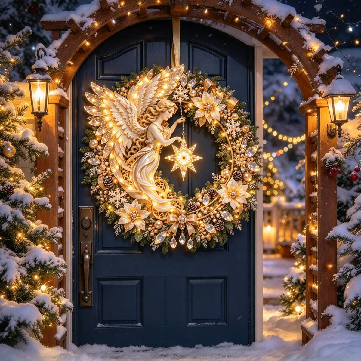 Angel Christmas wreath displayed on white front door