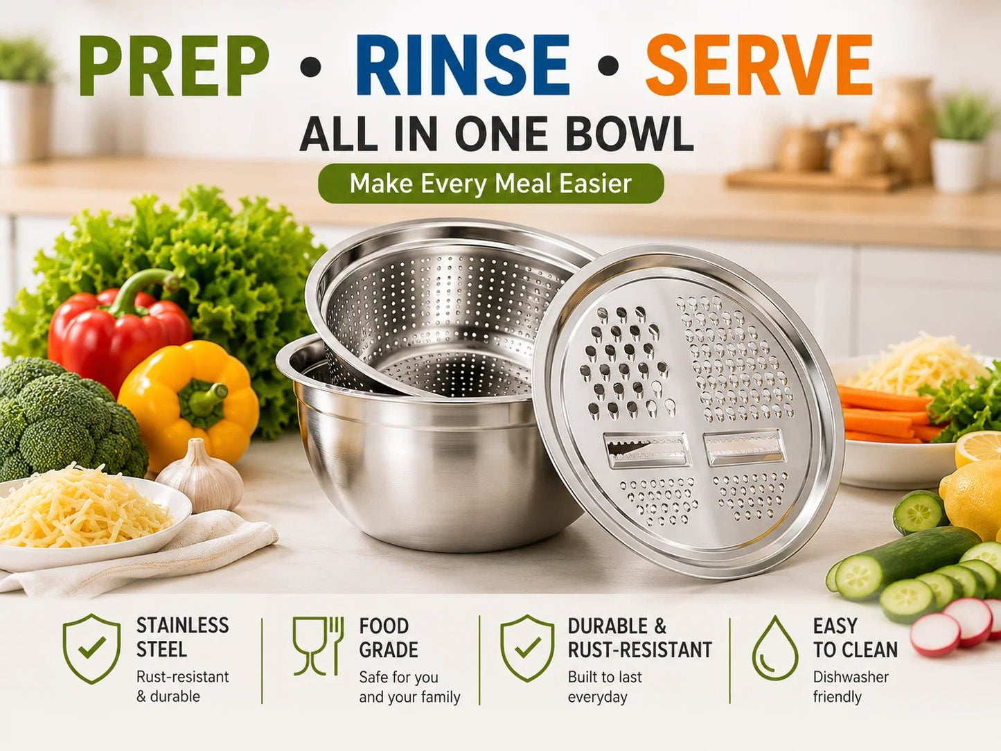 🥣✨ 3-in-1 Stainless Steel Kitchen Prep Set – Grater, Colander & Mixing Bowl