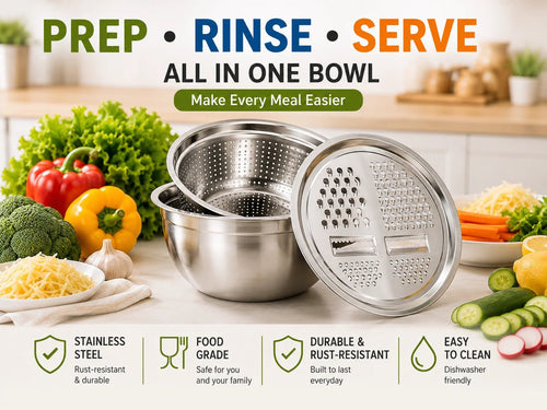 🥣✨ 3-in-1 Stainless Steel Kitchen Prep Set – Grater, Colander & Mixing Bowl