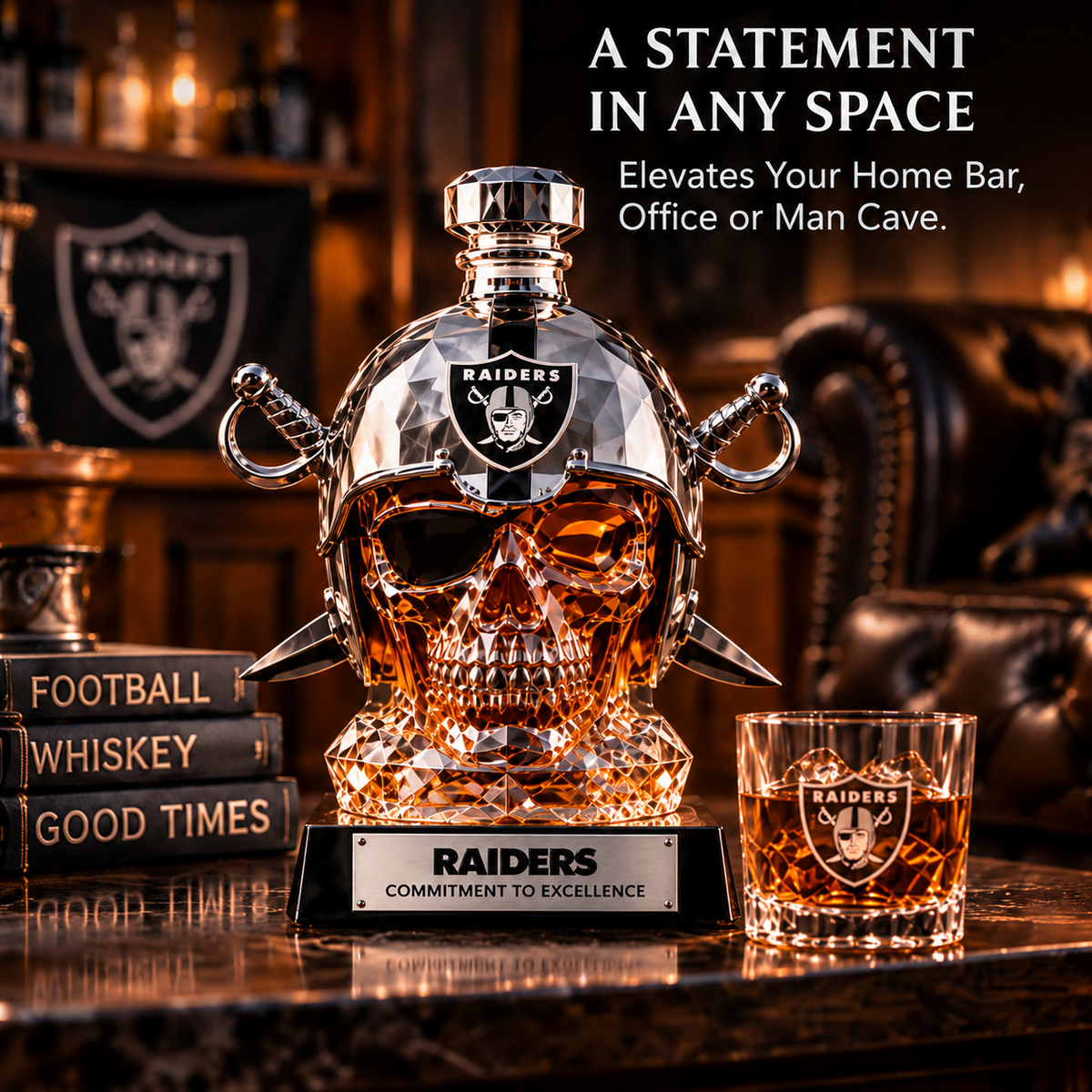 Front, side, and rear views of the skull helmet decanter