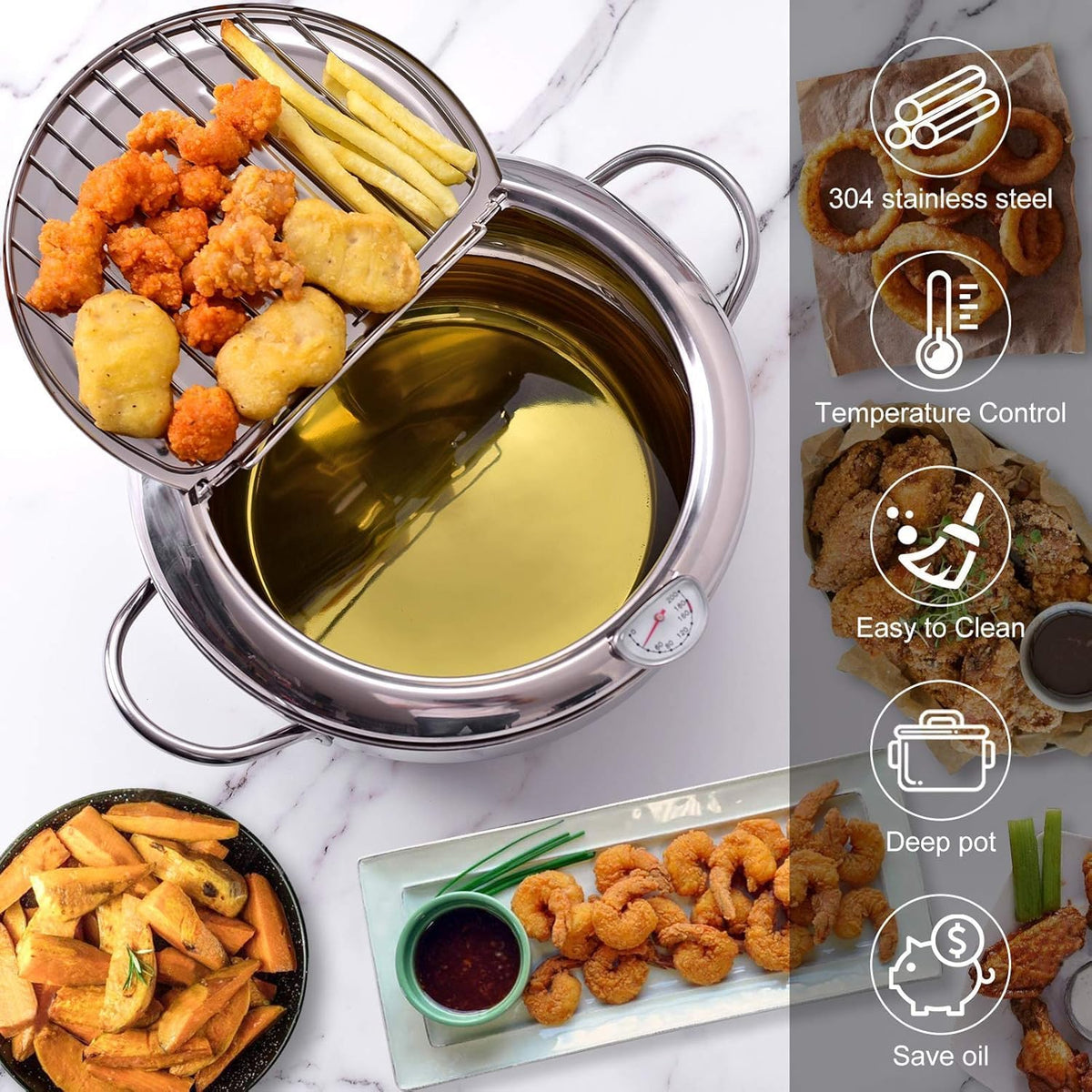 🍤🌡️ Japanese-Style Frying Pot – 304 Stainless Steel with Thermometer & Draining Basket