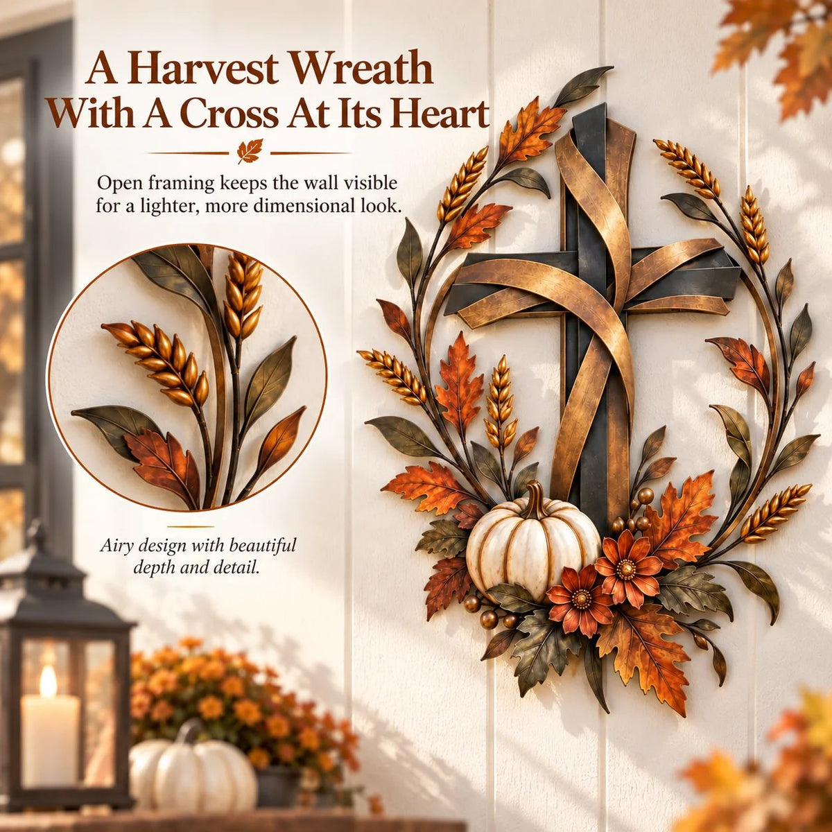 🍂 Autumn Harvest Cross Metal Wall Decor With White Pumpkin