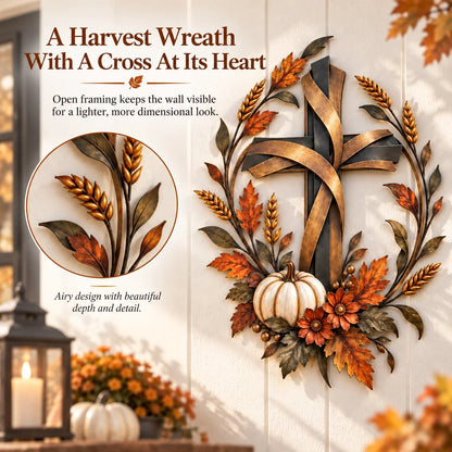 🍂 Autumn Harvest Cross Metal Wall Decor With White Pumpkin